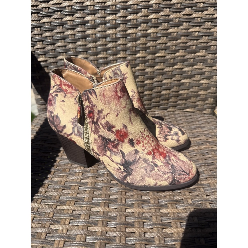 Style & Co. Floral Ankle Boots - Beige with Red and Brown Floral Accents